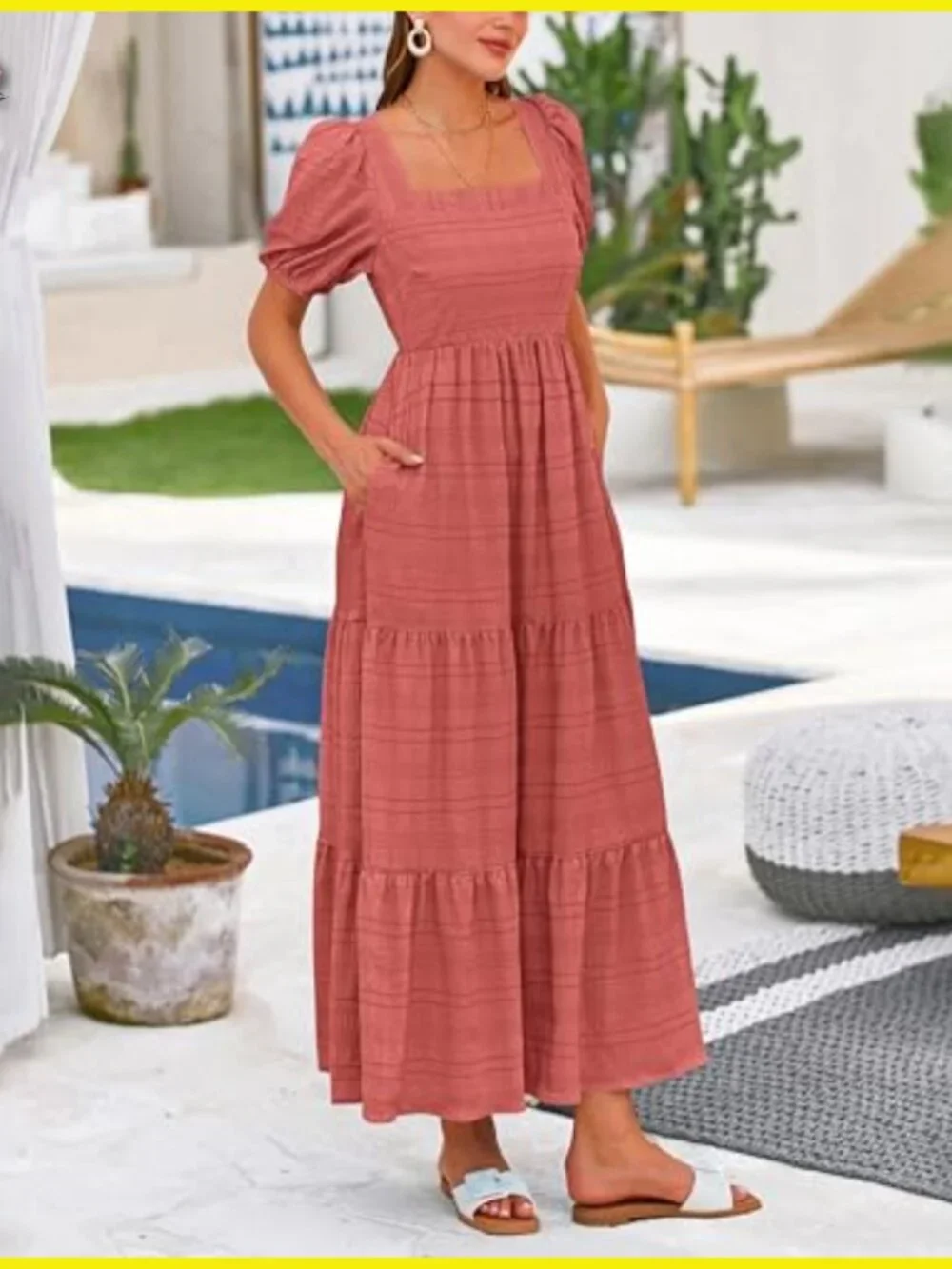 Puff Sleeve Square Neck Smocked A-Line Midi Dress Flowy Boho Chic - Picture 3 of 7